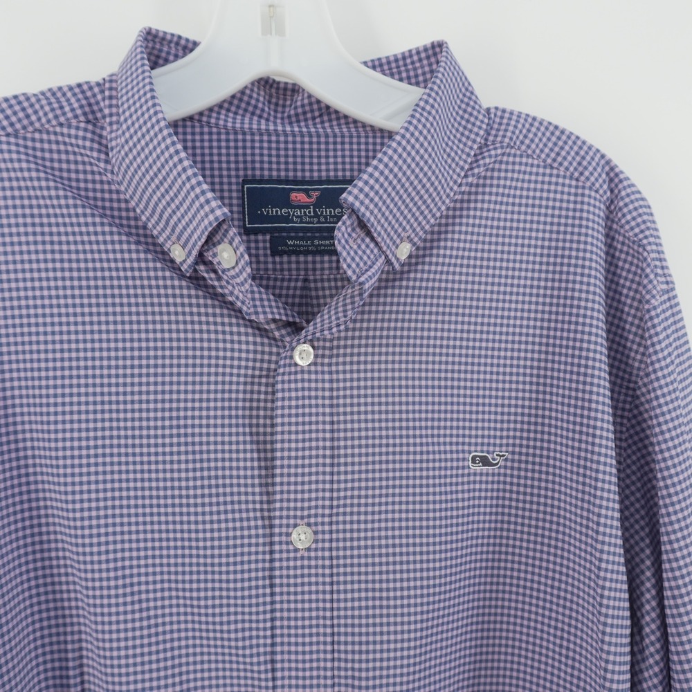 Vineyard Vines Button Down Mens L Purple Gingham Whale Shirt Performance Stretch